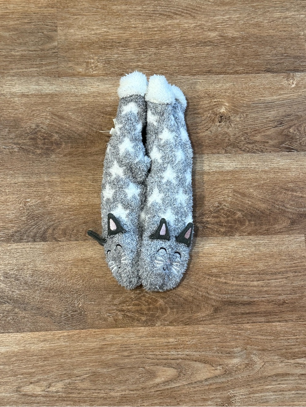 Cozy Plush Cat Slipper Socks - Gray with White Stars